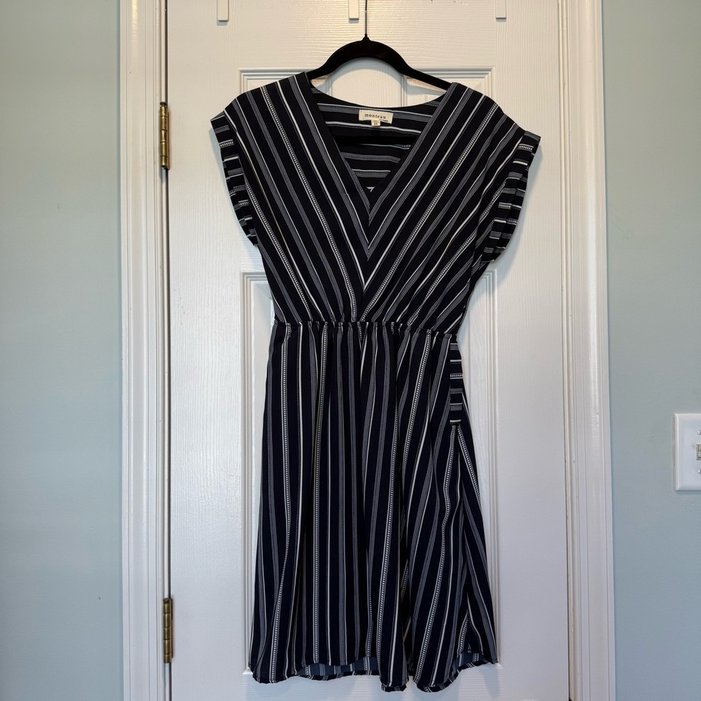 Navy and white striped dress with pockets